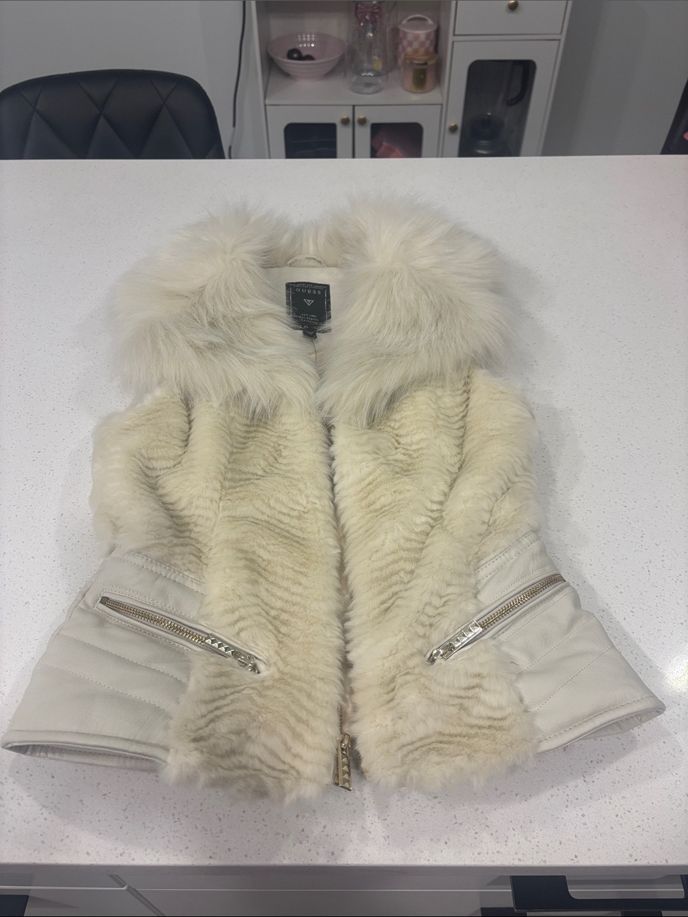 Guess Cream Faux Fur Vest with Collar